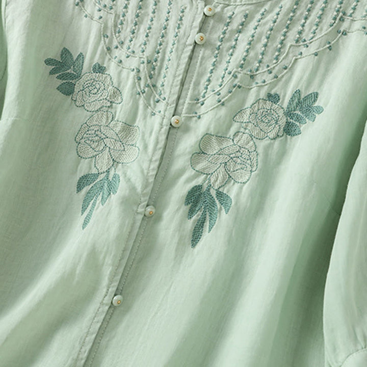 Chemise en coton à manches mi-longues et boutons brodés de fleurs roses et de Buddha Stones pour femme - image 7