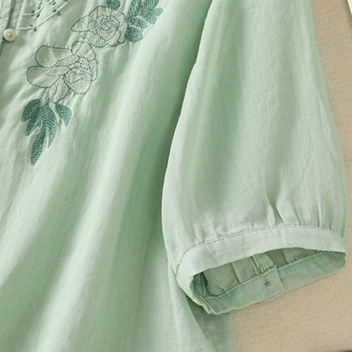 Chemise en coton à manches mi-longues et boutons brodés de fleurs roses et de Buddha Stones pour femme - image 8