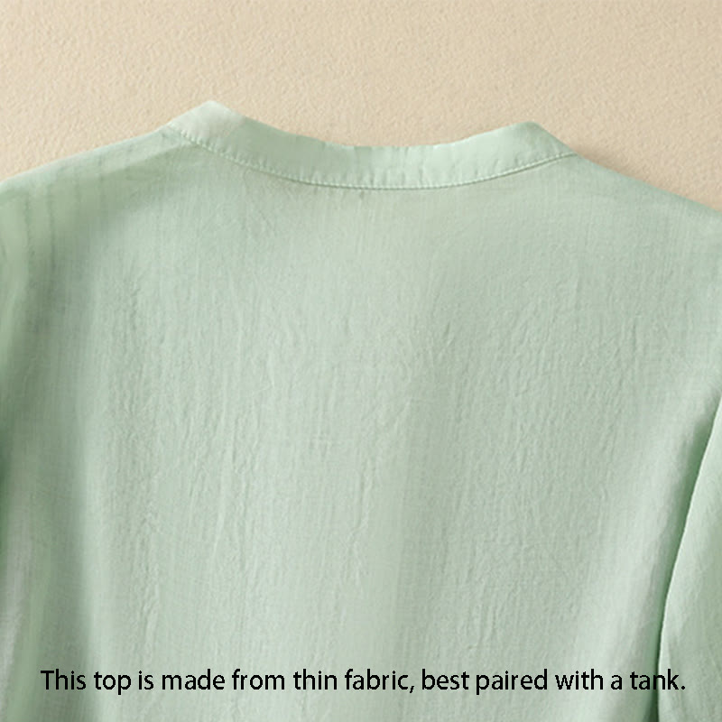 Chemise en coton à manches mi-longues et boutons brodés de fleurs roses et de Buddha Stones pour femme - image 5