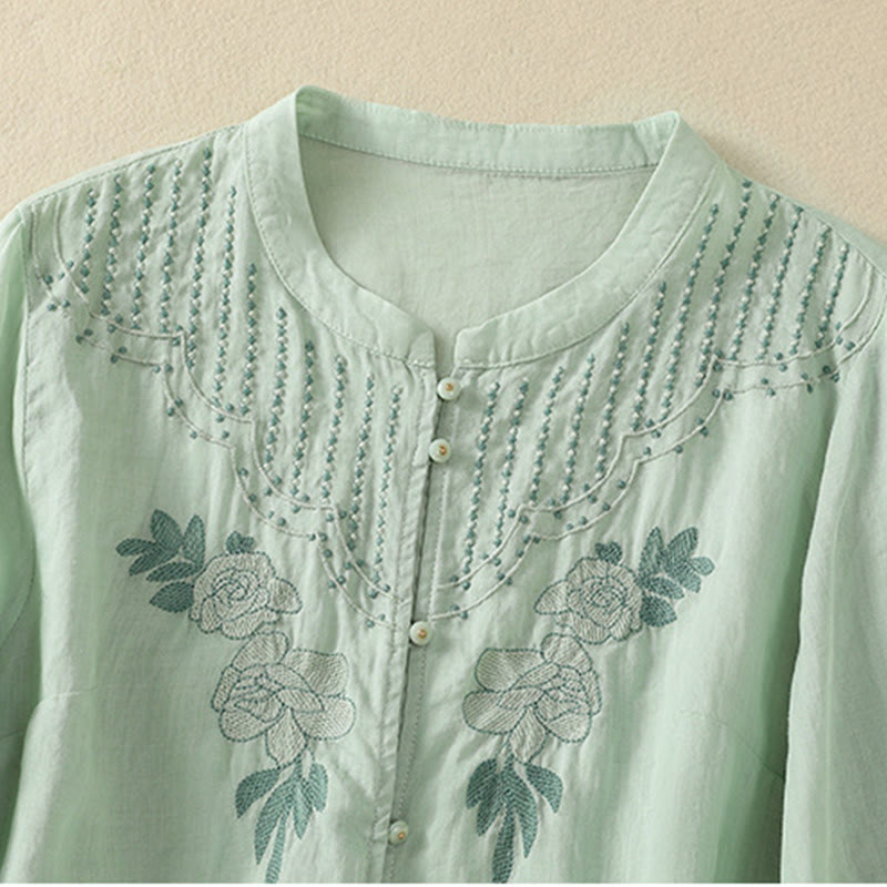 Chemise en coton à manches mi-longues et boutons brodés de fleurs roses et de Buddha Stones pour femme - image 4