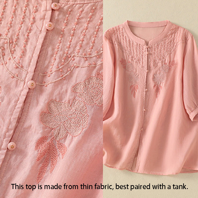 Chemise en coton à manches mi-longues et boutons brodés de fleurs roses et de Buddha Stones pour femme - image 13