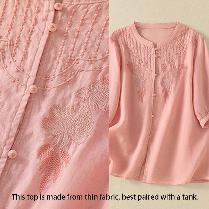 Chemise en coton à manches mi-longues et boutons brodés de fleurs roses et de Buddha Stones pour femme - image 13