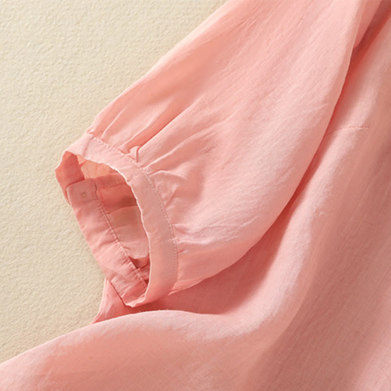 Chemise en coton à manches mi-longues et boutons brodés de fleurs roses et de Buddha Stones pour femme - image 18