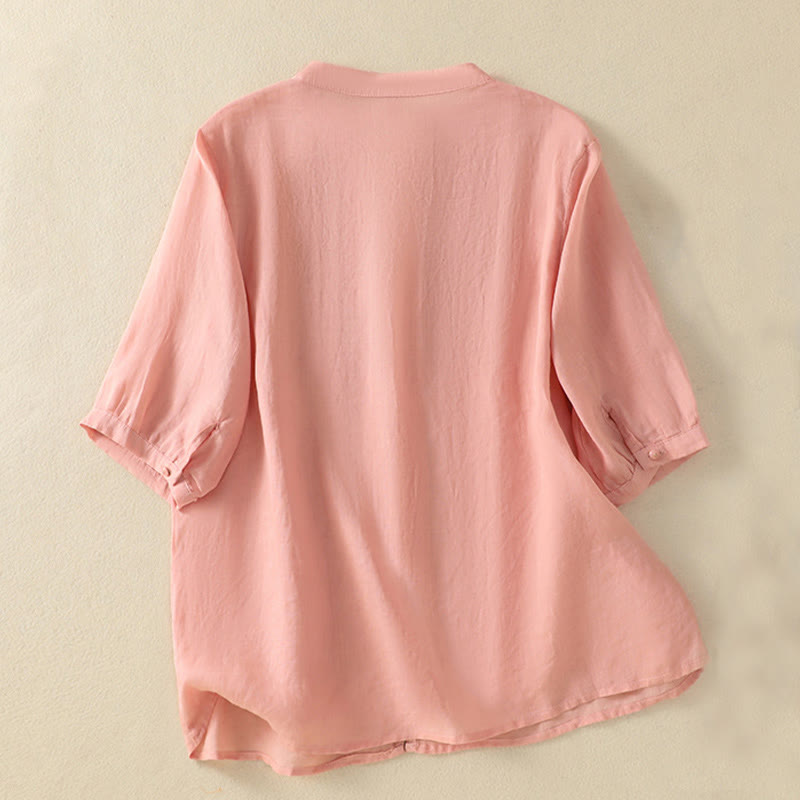 Chemise en coton à manches mi-longues et boutons brodés de fleurs roses et de Buddha Stones pour femme - image 12