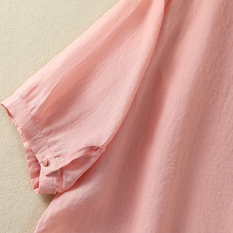 Chemise en coton à manches mi-longues et boutons brodés de fleurs roses et de Buddha Stones pour femme - image 19