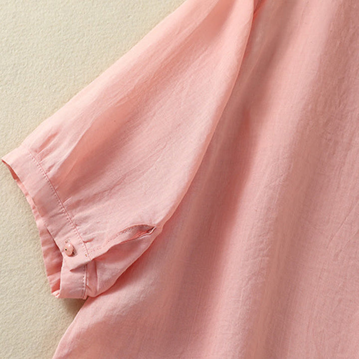 Chemise en coton à manches mi-longues et boutons brodés de fleurs roses et de Buddha Stones pour femme - image 19