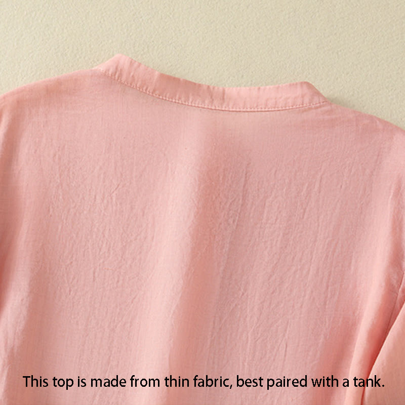 Chemise en coton à manches mi-longues et boutons brodés de fleurs roses et de Buddha Stones pour femme - image 15