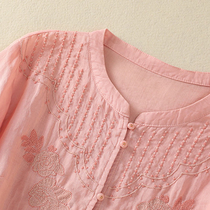 Chemise en coton à manches mi-longues et boutons brodés de fleurs roses et de Buddha Stones pour femme - image 16