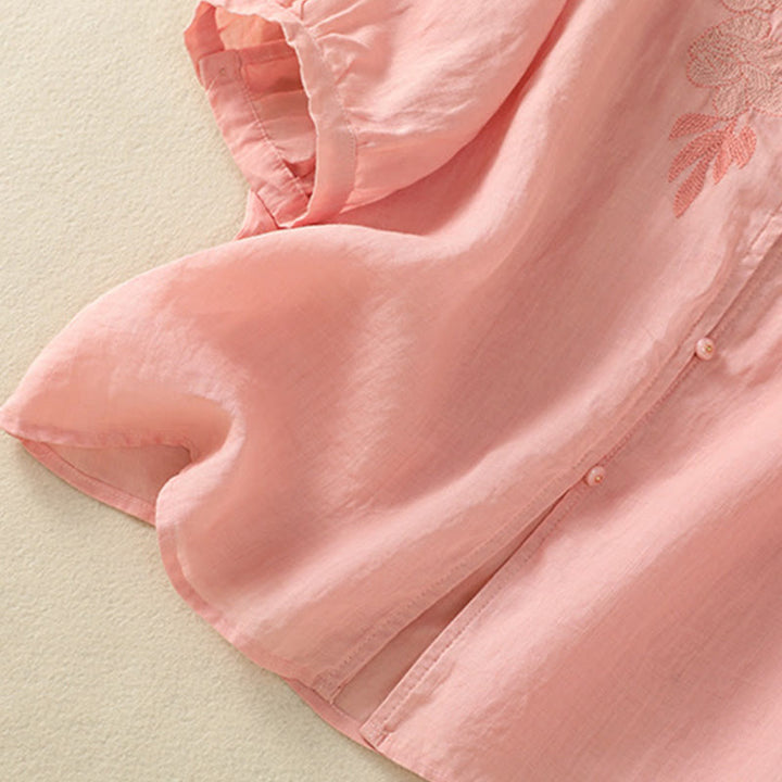 Chemise en coton à manches mi-longues et boutons brodés de fleurs roses et de Buddha Stones pour femme - image 20