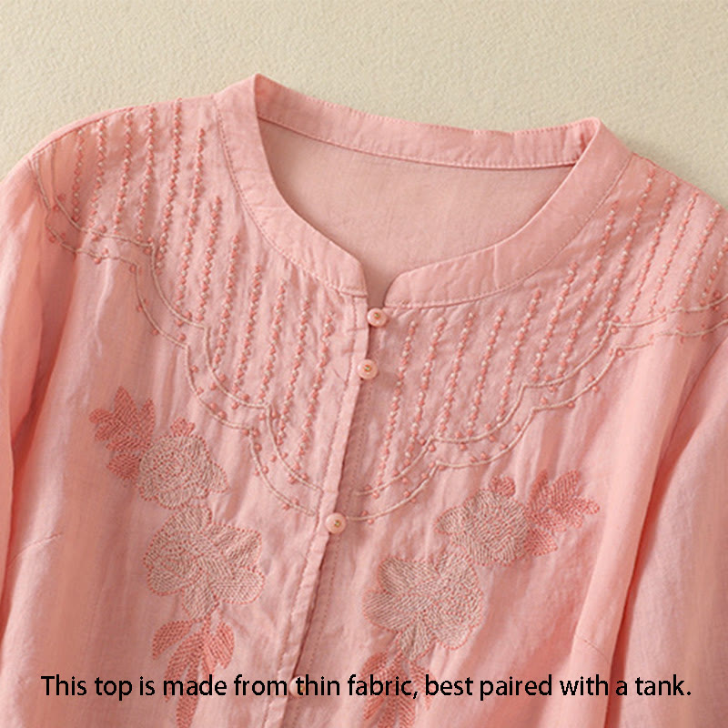 Chemise en coton à manches mi-longues et boutons brodés de fleurs roses et de Buddha Stones pour femme - image 14