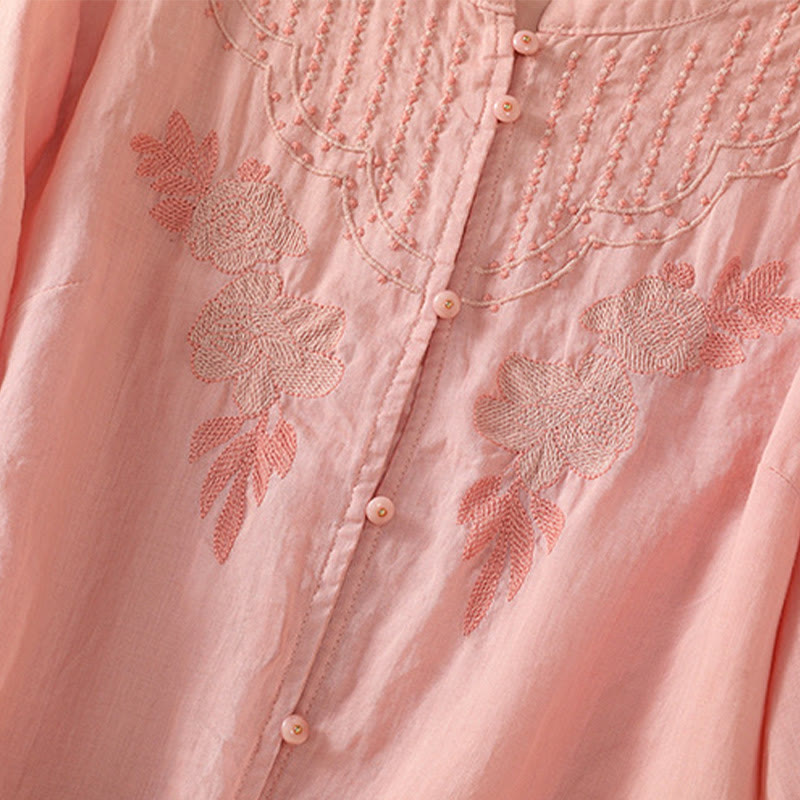 Chemise en coton à manches mi-longues et boutons brodés de fleurs roses et de Buddha Stones pour femme - image 17