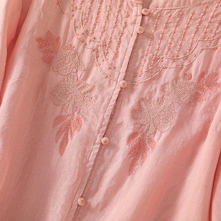 Chemise en coton à manches mi-longues et boutons brodés de fleurs roses et de Buddha Stones pour femme - image 17
