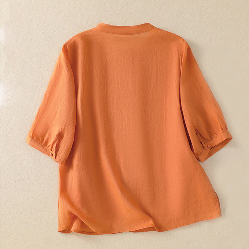 Chemise en coton à manches mi-longues et boutons brodés de fleurs roses et de Buddha Stones pour femme - image 24