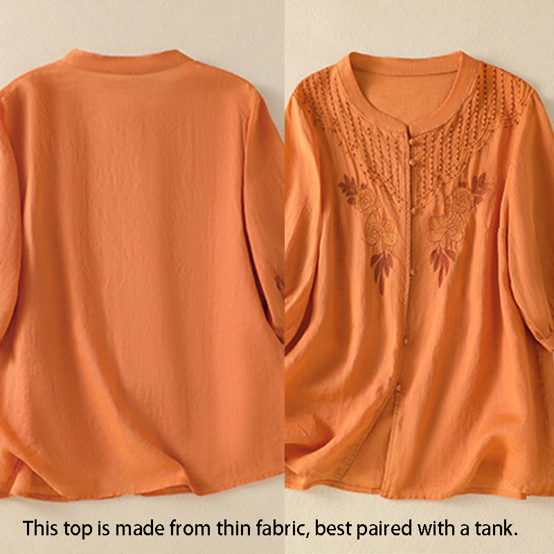 Chemise en coton à manches mi-longues et boutons brodés de fleurs roses et de Buddha Stones pour femme - image 25