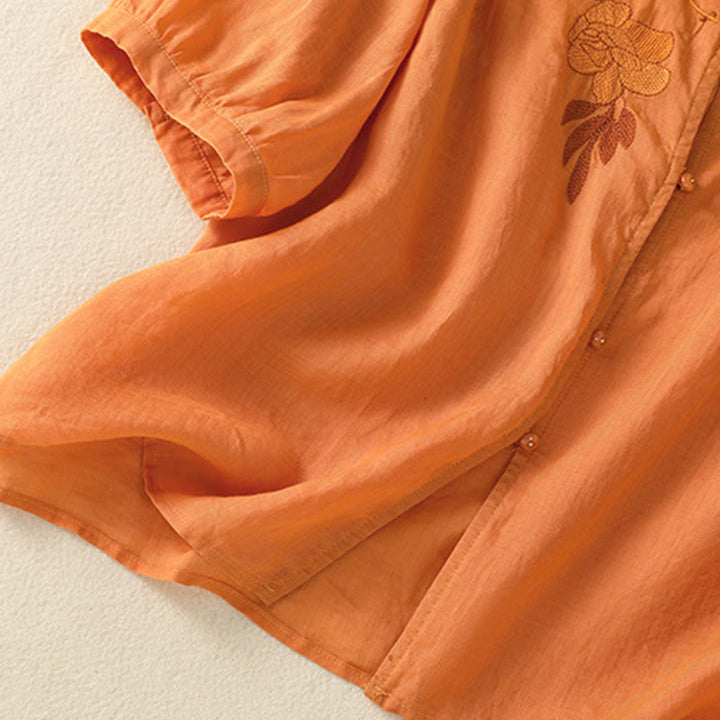 Chemise en coton à manches mi-longues et boutons brodés de fleurs roses et de Buddha Stones pour femme - image 31