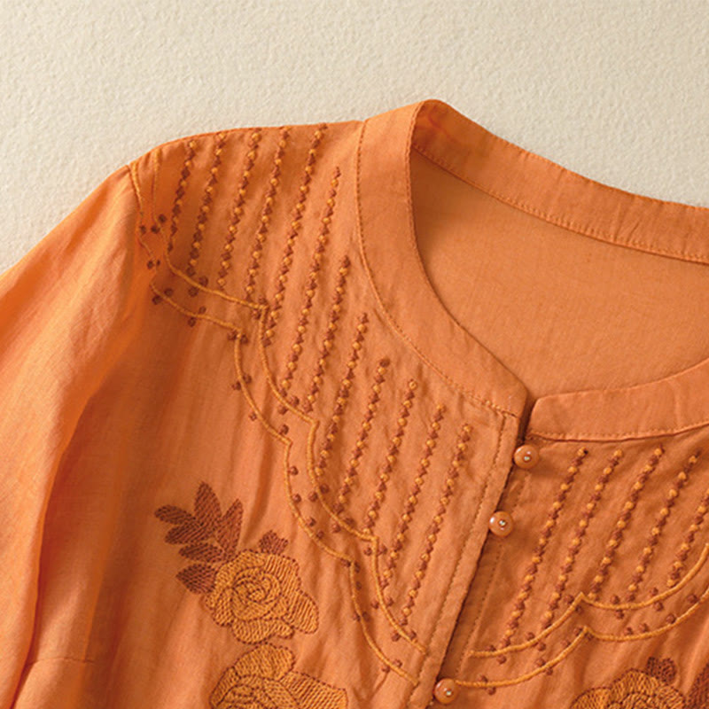 Chemise en coton à manches mi-longues et boutons brodés de fleurs roses et de Buddha Stones pour femme - image 26