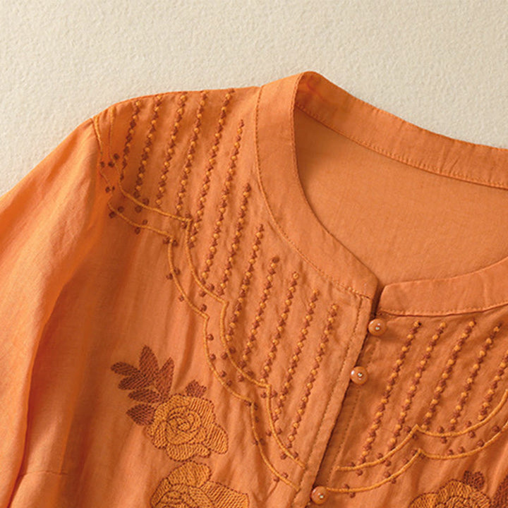 Chemise en coton à manches mi-longues et boutons brodés de fleurs roses et de Buddha Stones pour femme - image 26