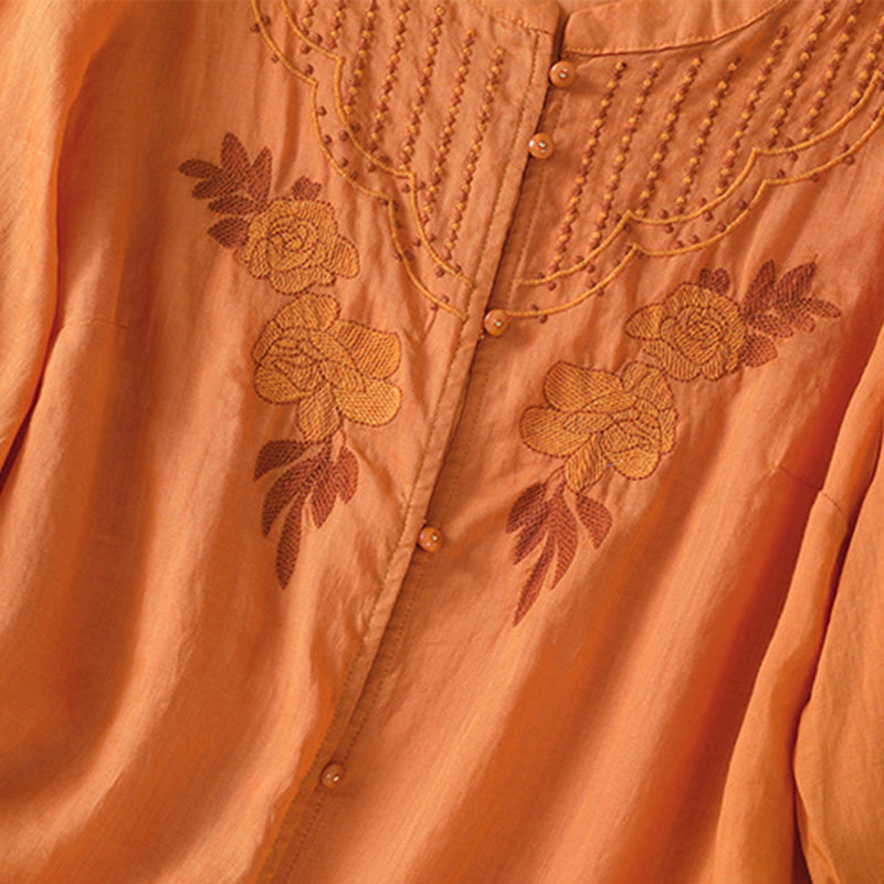 Chemise en coton à manches mi-longues et boutons brodés de fleurs roses et de Buddha Stones pour femme - image 32