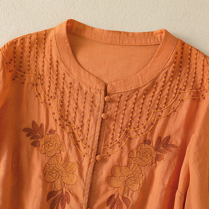 Chemise en coton à manches mi-longues et boutons brodés de fleurs roses et de Buddha Stones pour femme - image 27