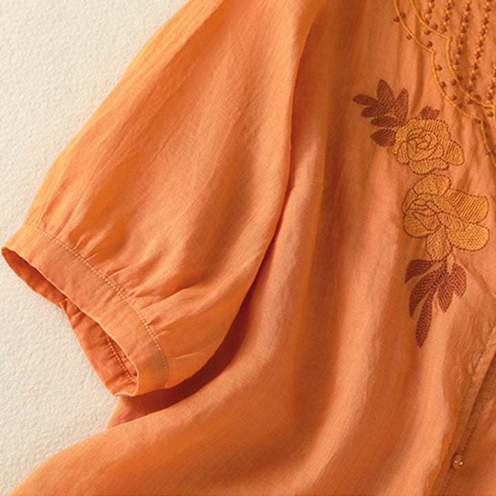 Chemise en coton à manches mi-longues et boutons brodés de fleurs roses et de Buddha Stones pour femme - image 30