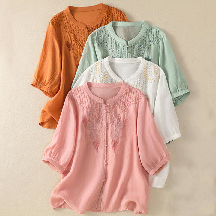 Chemise en coton à manches mi-longues et boutons brodés de fleurs roses et de Buddha Stones pour femme - image 1