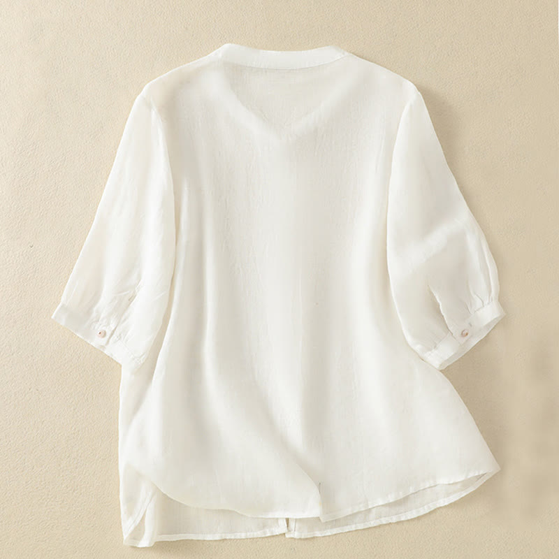 Chemise en coton à manches mi-longues et boutons brodés de fleurs roses et de Buddha Stones pour femme - image 34