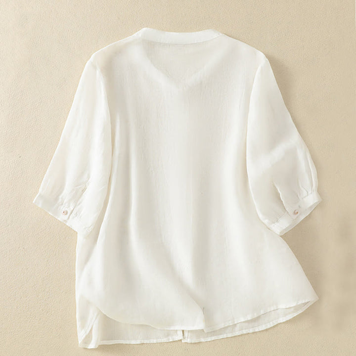 Chemise en coton à manches mi-longues et boutons brodés de fleurs roses et de Buddha Stones pour femme - image 34