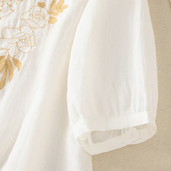 Chemise en coton à manches mi-longues et boutons brodés de fleurs roses et de Buddha Stones pour femme - image 40