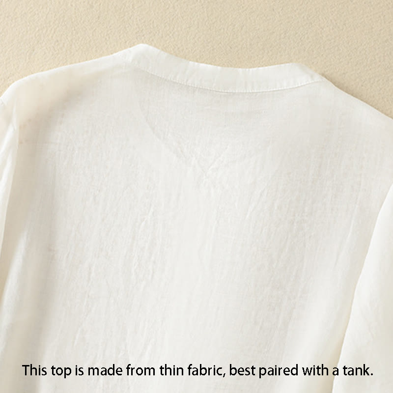 Chemise en coton à manches mi-longues et boutons brodés de fleurs roses et de Buddha Stones pour femme - image 36