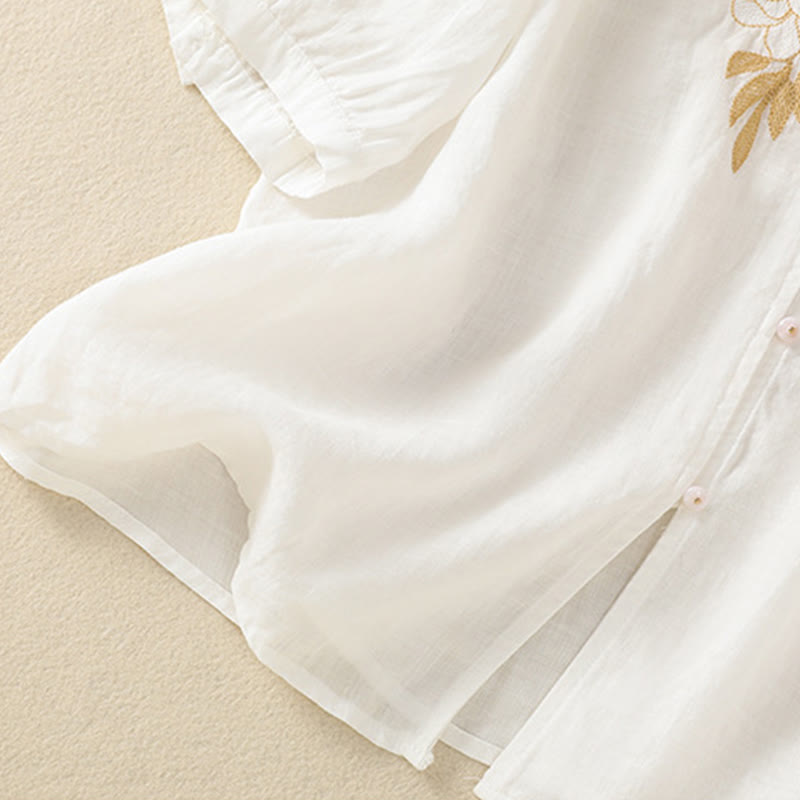 Chemise en coton à manches mi-longues et boutons brodés de fleurs roses et de Buddha Stones pour femme - image 39