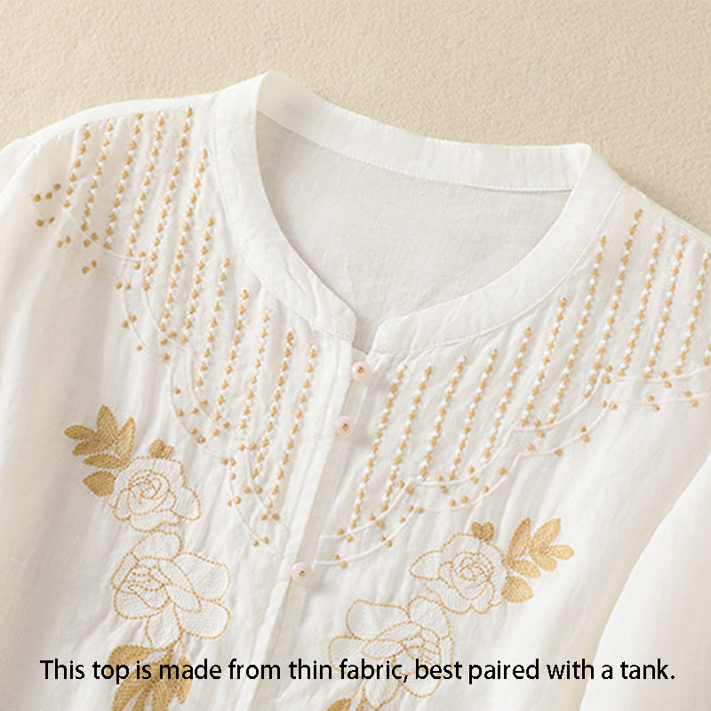 Chemise en coton à manches mi-longues et boutons brodés de fleurs roses et de Buddha Stones pour femme - image 35