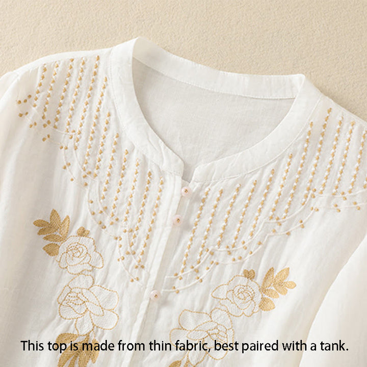 Chemise en coton à manches mi-longues et boutons brodés de fleurs roses et de Buddha Stones pour femme - image 35