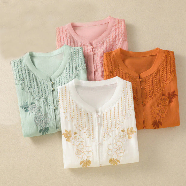 Chemise en coton à manches mi-longues et boutons brodés de fleurs roses et de Buddha Stones pour femme - image 41