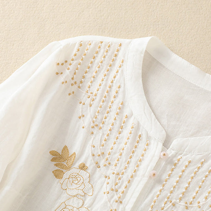 Chemise en coton à manches mi-longues et boutons brodés de fleurs roses et de Buddha Stones pour femme - image 37