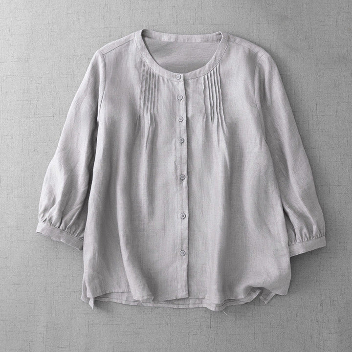 Chemise en coton à col ras du cou et manches trois-quarts pour femme, motif Buddha Stones uni, boutonné et plissé - Lin - US14，UK/AU18，EU46 (2XL) - image 23