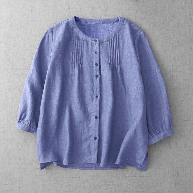 Chemise en coton à col ras du cou et manches trois-quarts pour femme, motif Buddha Stones uni, boutonné et plissé - BleuetBleu - US14，UK/AU18，EU46 (2XL) - image 1