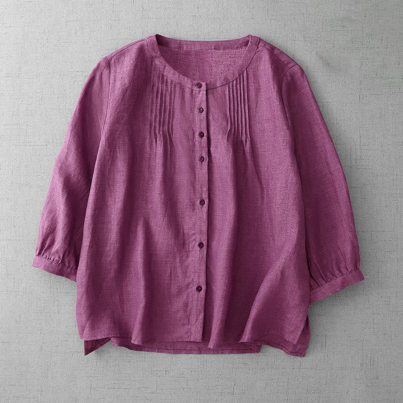 Chemise en coton à col ras du cou et manches trois-quarts pour femme, motif Buddha Stones uni, boutonné et plissé - MoyenVioletRouge - US14，UK/AU18，EU46 (2XL) - image 9