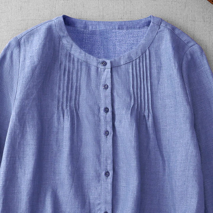 Chemise en coton à col ras du cou et manches trois-quarts pour femme, motif Buddha Stones uni, boutonné et plissé - image 4