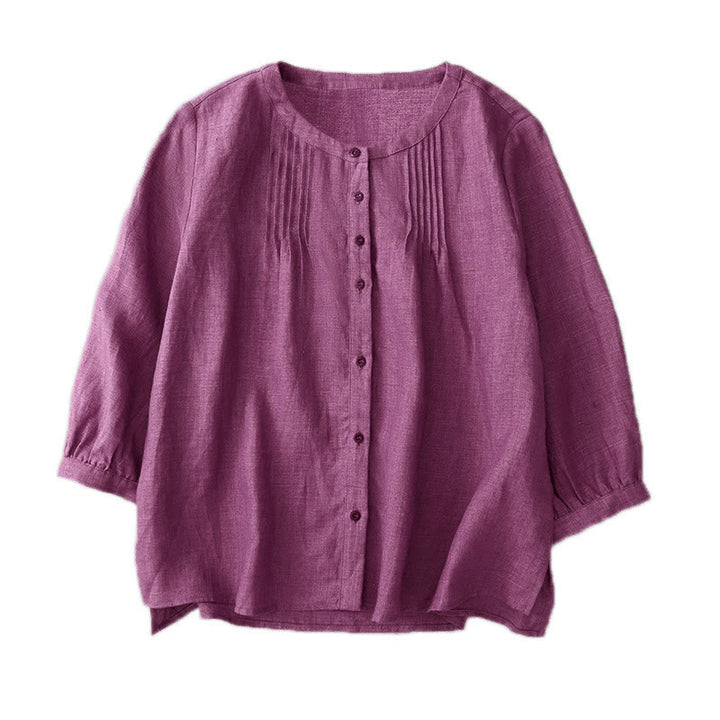 Chemise en coton à col ras du cou et manches trois-quarts pour femme, motif Buddha Stones uni, boutonné et plissé - image 22