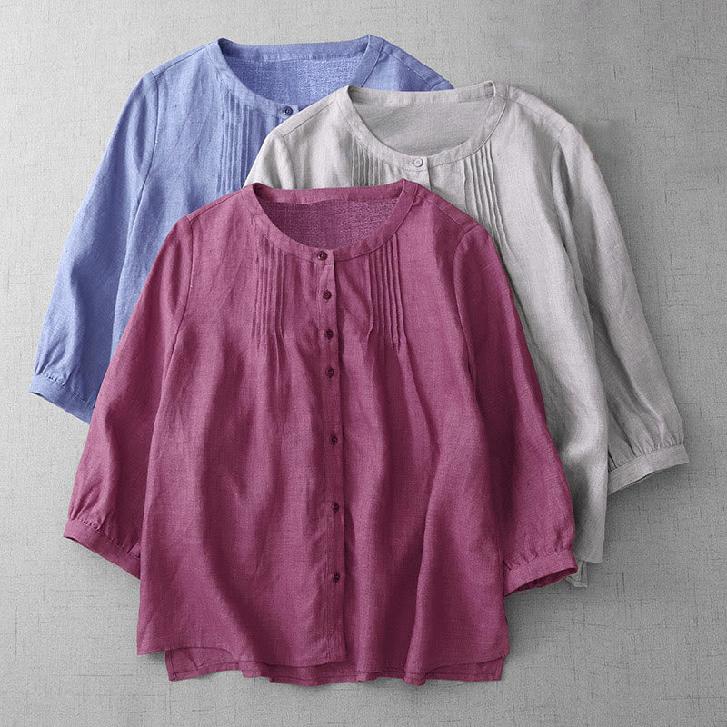 Chemise en coton à col ras du cou et manches trois-quarts pour femme, motif Buddha Stones uni, boutonné et plissé - image 2