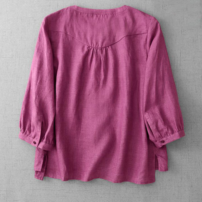 Chemise en coton à col ras du cou et manches trois-quarts pour femme, motif Buddha Stones uni, boutonné et plissé - image 10