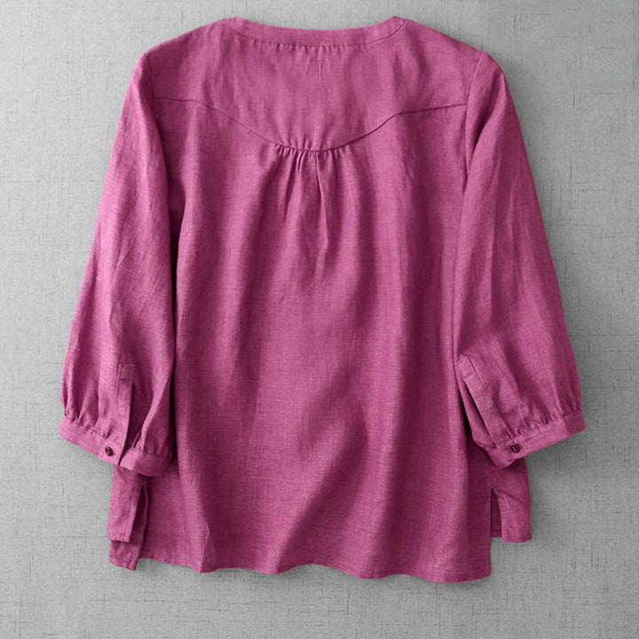 Chemise en coton à col ras du cou et manches trois-quarts pour femme, motif Buddha Stones uni, boutonné et plissé - image 10