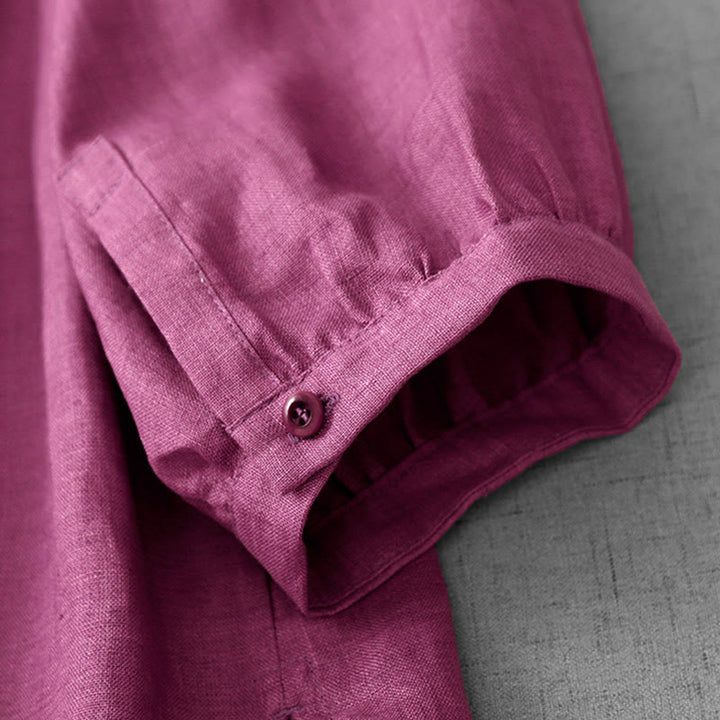 Chemise en coton à col ras du cou et manches trois-quarts pour femme, motif Buddha Stones uni, boutonné et plissé - image 15