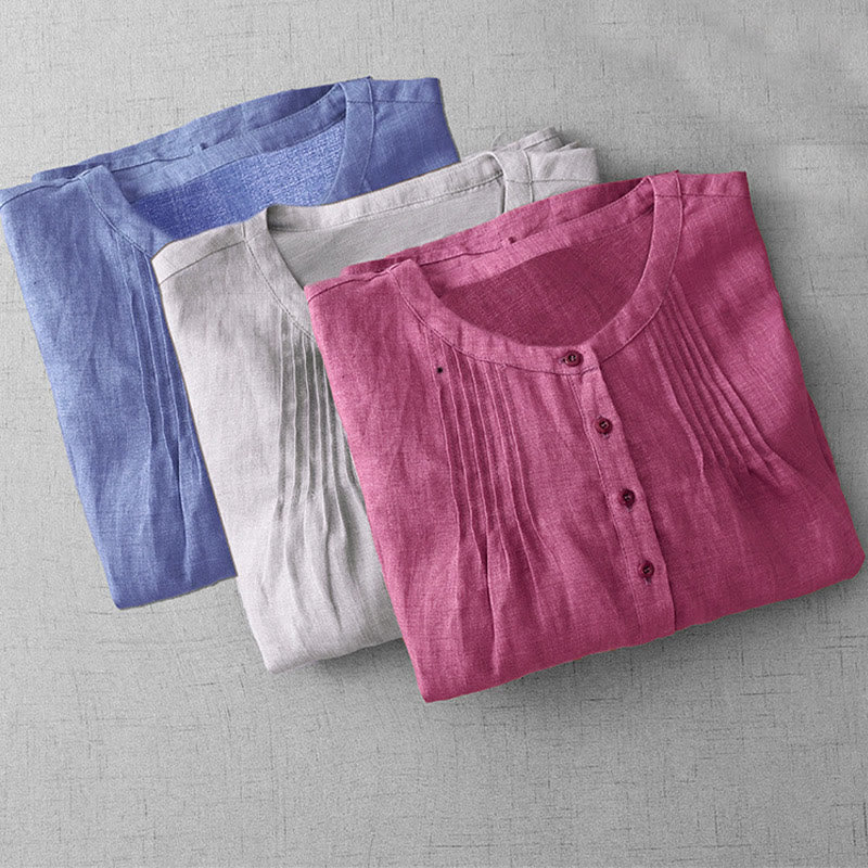 Chemise en coton à col ras du cou et manches trois-quarts pour femme, motif Buddha Stones uni, boutonné et plissé - image 20