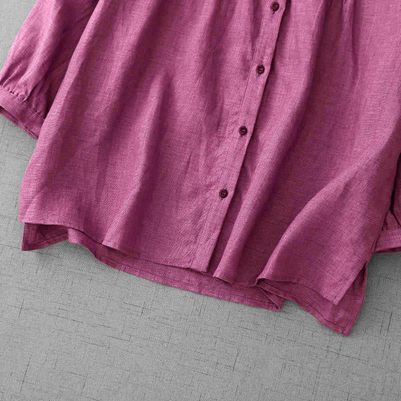 Chemise en coton à col ras du cou et manches trois-quarts pour femme, motif Buddha Stones uni, boutonné et plissé - image 13