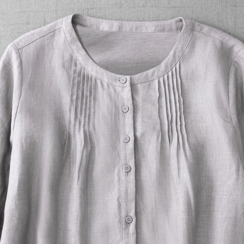 Chemise en coton à col ras du cou et manches trois-quarts pour femme, motif Buddha Stones uni, boutonné et plissé - image 24