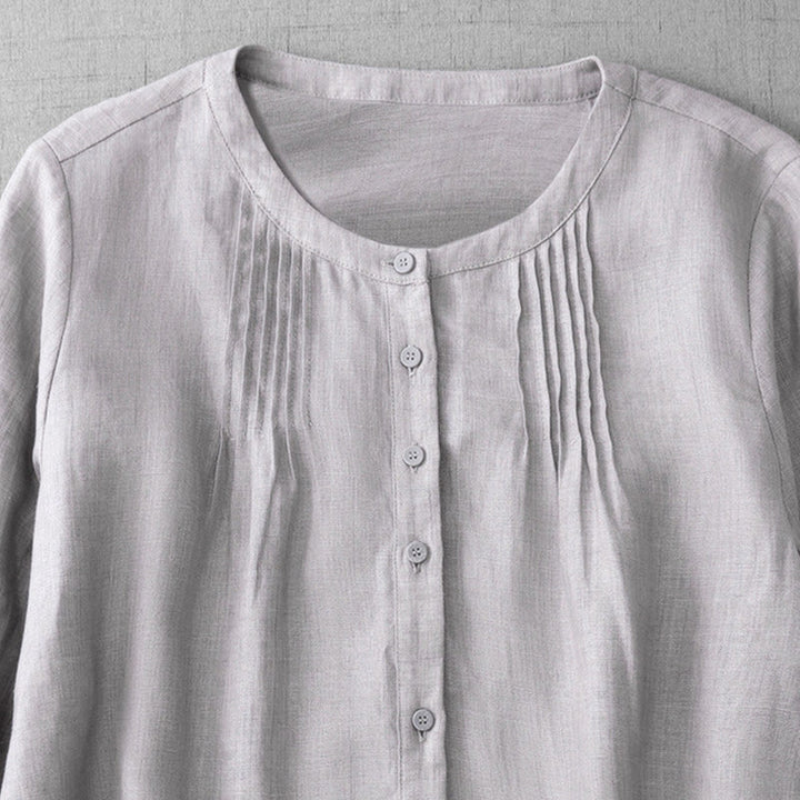Chemise en coton à col ras du cou et manches trois-quarts pour femme, motif Buddha Stones uni, boutonné et plissé - image 24