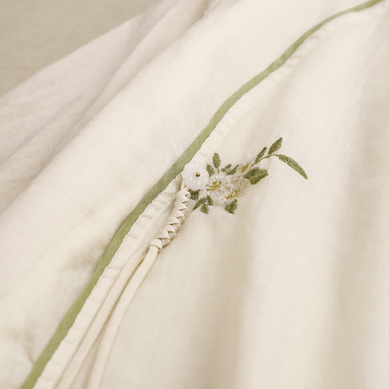 Chemise en coton Buddha Stones à fleurs et feuilles vertes brodées, col ras du cou et manches trois-quarts pour femme - image 4