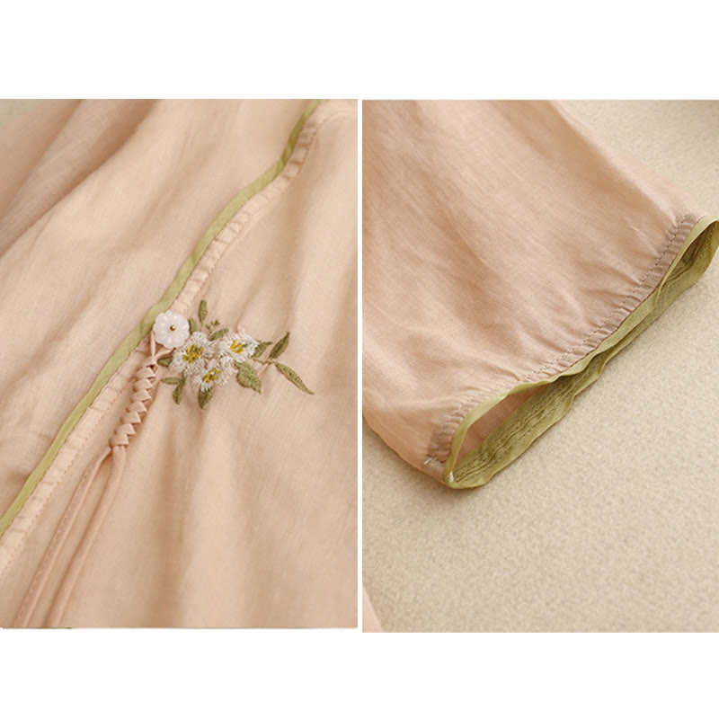 Chemise en coton Buddha Stones à fleurs et feuilles vertes brodées, col ras du cou et manches trois-quarts pour femme - image 18