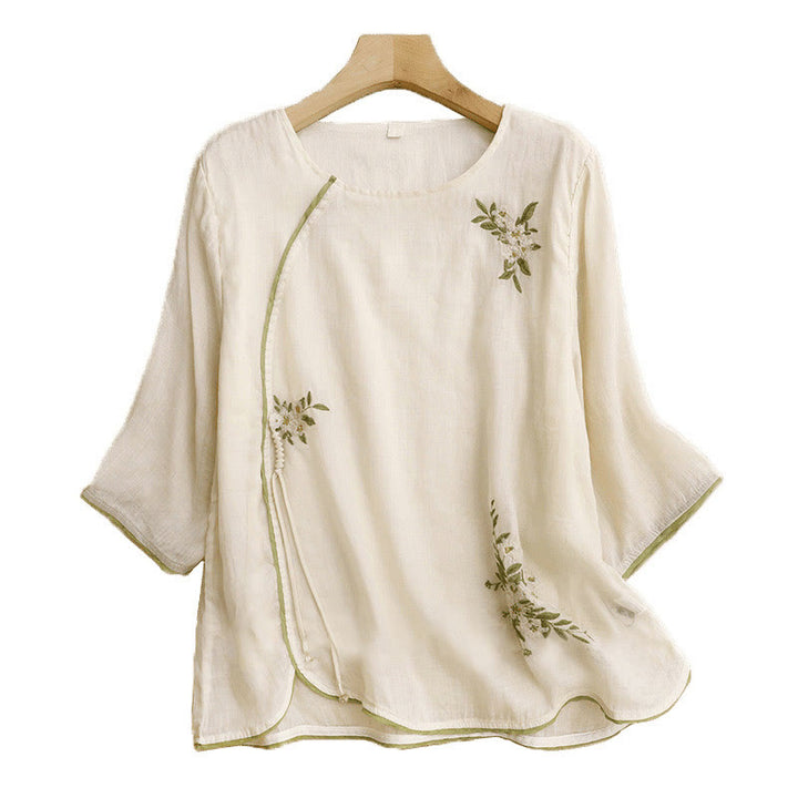 Chemise en coton Buddha Stones à fleurs et feuilles vertes brodées, col ras du cou et manches trois-quarts pour femme - image 13